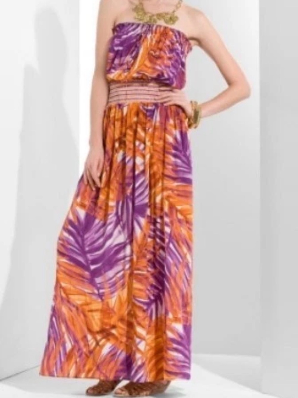 Strapless BCBG MAXAZRIA Orchid Silk Maxi Dress in Purple & Orange